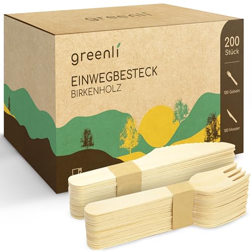 greenli® Einwegbesteck Set - 200 Holzgabeln und Holzmesser - Nachhaltiges Einweggeschirr Set aus Holz