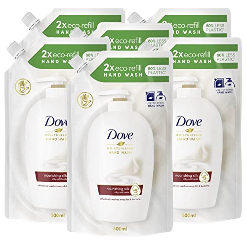 6 x Dove Öko-Nachfüllpackung aus hochwertiger Seide, feuchtigkeitsspendend, Handseife, glatte und weiche Haut – 6 Nachfüllpackungen à 500 ml