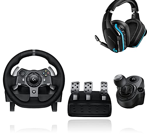 Logitech G920 Driving Force Gaming Rennlenkrad, Zweimotoriges Force Feedback - Schwarz + Logitech G Driving Force Schalthebel, 6 Gänge - Schwarz + Logitech G935 kabelloses Gaming-Headset - Schwarz