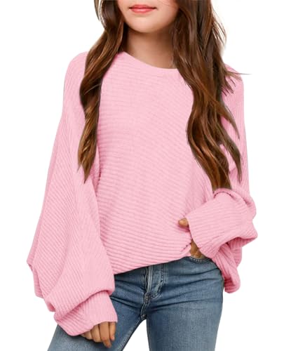 Karlywindow Mädchen Rundhalsausschnitt Leichter Strickpullover Kinder Einfarbig Langarm Pullover, Rosa, 12-14 Jahre