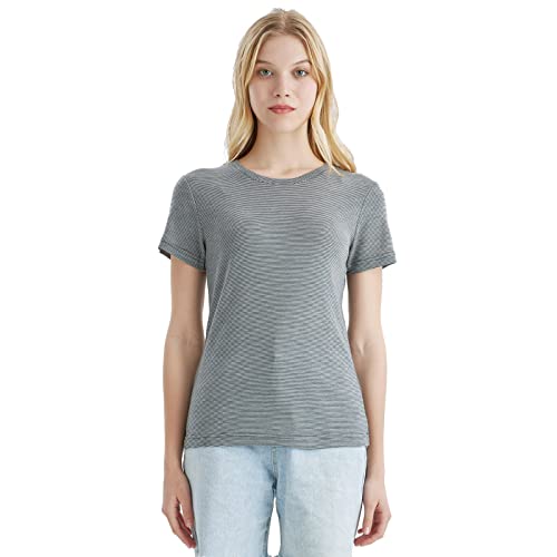 Merino Protect 100% Merino Shirt Damen Kurzarm Wandern Geruchsabweisendes T-Shirt Merinowolle Unterwäsche Komfort Merino Wolle Tshirt Unterhemd (Staubblaue Streifen,X-Large)