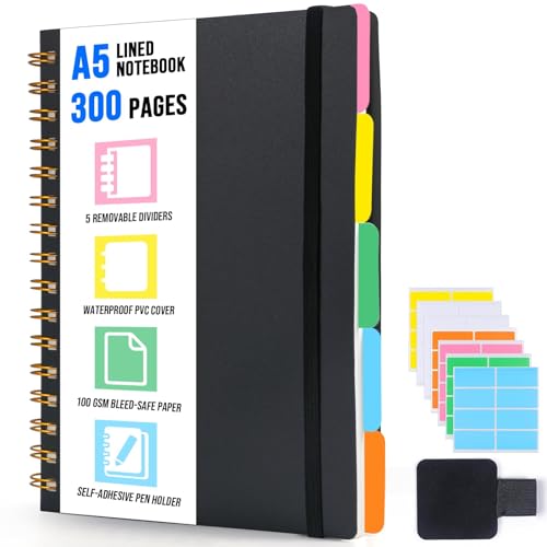 ihaspoko A5 Spiral Notizbuch Liniert, 5 Herausnehmbaren Trennblätter, Hart-PVC Einband, 300 Blatt 100GSM, für Arbeit/Büro/Unterwegs/Schule/Alltag
