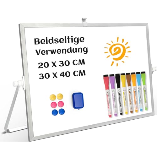 QUEENLINK Whiteboard Magnetisch, Beidseitige Verwendung Desktop Magnettafel klein, White Board Klein mit Ständer 30x40cm Schreibtafel Abwischbar