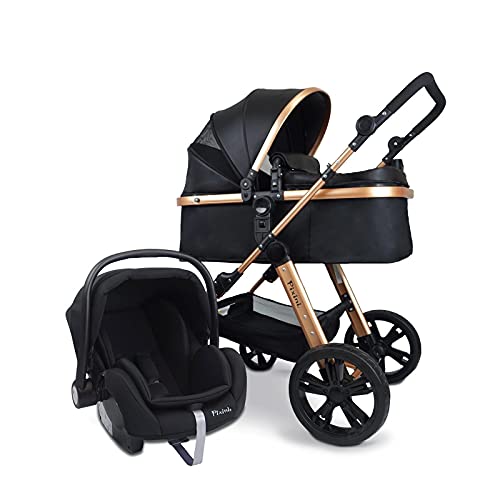 Pixini Kinderwagen 3in1 Arizona mit Babywanne & Buggy & Auto-Babyschale - Alu-Rahmen - mit Zubehörpaket (gold/schwarz)