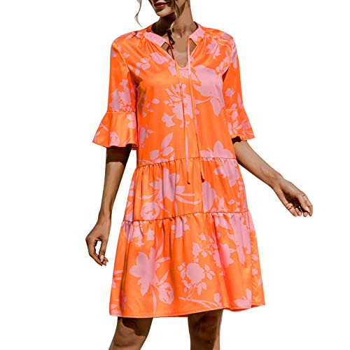 2025 - Damen 3/4 Puffärmel Rüschen Minikleid V-Ausschnitt Solid Plissee Kleider Sommerkleid Büro (Orange, XL)