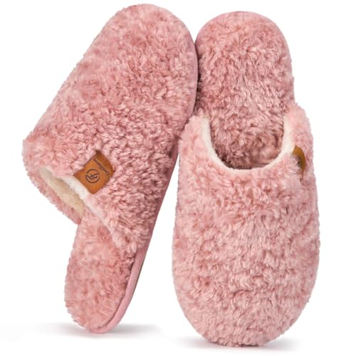 EverFoams Damen Scuff Hausschuhe Gemütlich Weiches Flauschiges Kunstalpaka Memoryschaum Leichte Rutschfeste Pantoffeln Rosa, 40-41 EU