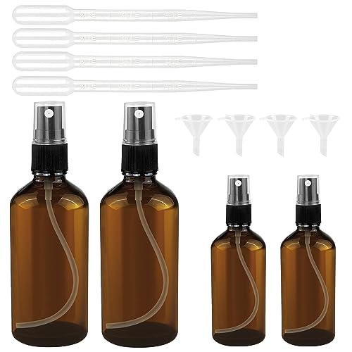 Nutabevr 4 Stück Braun Zerstäuber Sprühflasche, 2x100 ml + 2x50ml Sprühflasche Klein Glas mit trichte und tropferr, Glas Sprayflasche Leer, Sprühflaschen zum Befüllen Tragbares, für Kosmetik Öle