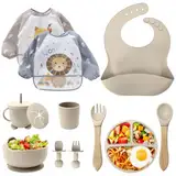 Baby Geschirrset,12er Set Kindergeschirr, Babylöffel,Trinklernbecher,Silikon Lätzchen,Baby Teller Kinderteller mit Saugnapf,Baby Led Weaning Besteck Set, BPA Frei,Spülmaschinen Und Mikrowellen Safe