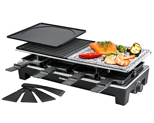 ROMMELSBACHER Raclette Grill RCS – 2 Wendegrillplatten, 1 Steingrillplatte, 8 Pfännchen, 8 Schaber, Antihaftbeschichtung Xylan Plus, stufenlose Temperaturregelung, 1350 Watt, Schwarz/Edelstahl