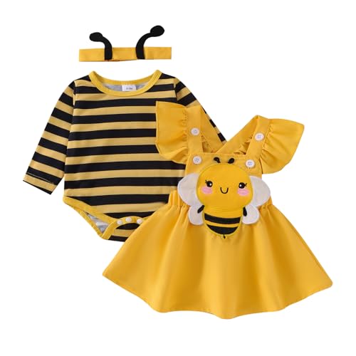 WERNZATT-Baby Mädchen Herbst Rock Sets Fliegende Ärmel Strampler Biene/Käfer Stickerei Hosenträger Kleid Stirnband Sets (Yellow, 12-18 Months)