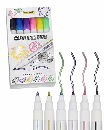 Online Outline-Pens | Glitzerstifte für Kinder und Jugendliche | 6 Farben mit Glitzereffekt | Fasermaler für Kreative und Künstler | Optimal für Karten und Aquarellpapier