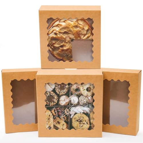 Gcardist Auto-pop Up Braun Kuchenboxen mit Fenster 25.4x25.4x6.3cm 12 Stück Keks-Donut-Bäckerei-Box(10x10x2.5 inch)
