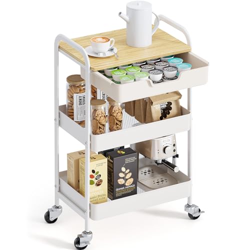 KINGRACK Aufbewahrungswagen 3-Ebenen mit Tischplatte, Multifunktionswagen aus Metall für Küche, Haus, Büro, Creme Farbe
