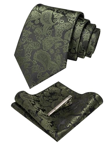 JEMYGINS olivgrün krawatte Paisley Seide Herren Krawatten und Einstecktuch mit krawattenklammer Sets