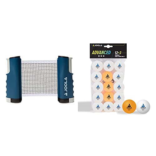 JOOLA ausziehbares tragbares Tischtennisnetz Connect & 44206 Tischtennisbälle 3 Sterne Training Advanced 40+ mm Durchmesser Premium Tischtennis Bälle, weiß/orange, 15 Stück
