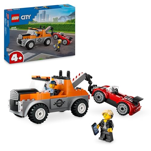 LEGO City Abschleppwagen mit Sportauto, Spielzeug-Auto für Jungen und Mädchen ab 4 Jahren, Geburtstagsgeschenk für Kinder, LKW-Spielzeug mit 2 Minifiguren und Zubehör wie einem Cochlea-Implantat 60435