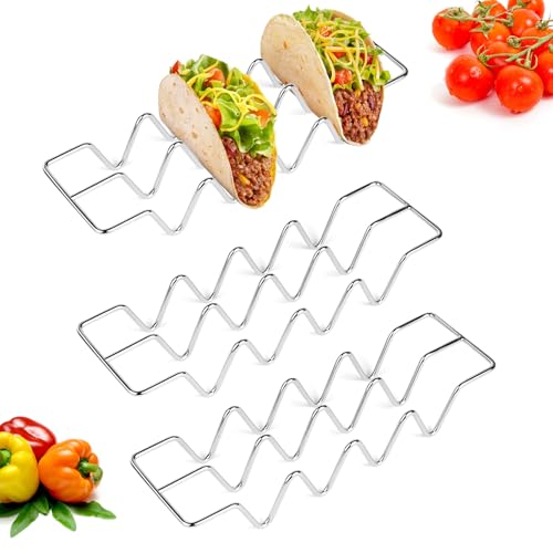 SWAWIS 3 Stück Taco Halter Mexikanisches, Taco Ständer aus 304 Edelstahl, Hot Dog Halter Kann 4 Tacos, Wellenform Food Ständer für Tacos, Hotdogs, Sandwiches, Pfannkuchen, Spülmaschinenfest