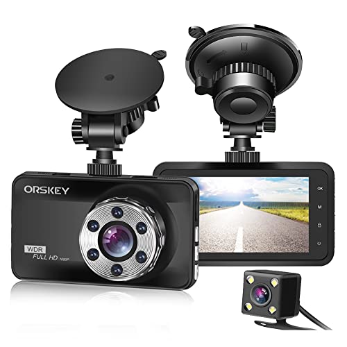 ORSKEY Dashcam Auto Vorne und Hinten 1080P Full HD Autokamera Dual Dashcam Dashboard Kamera Dashcam für Autos 170 Weitwinkel HDR mit 3.0" LCD Display Nachtsicht Bewegungserkennung und G-Sensor