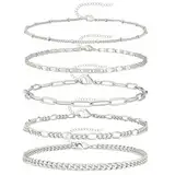 SpetngSake 5 Stück Fußkettchen Silber für Damen,Vintage Fussketten für Frauen,Fußkette Silber Damen,Fußkettchen Wunderschöner,Stapelbares Armbänder Set Schmuck für Mutter,Freundin,Frau,Schwester