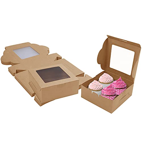 BELLE VOUS Braune Kraftpapier - Geschenkbox mit Deckel & Sichtfenster (50 Stk) -15,2 x 15,5 x 6,3 cm - Einwegverpackungsboxen - Box für Kekse, Cupcake Box, Muffin, Patisserie & Torten Verpackung