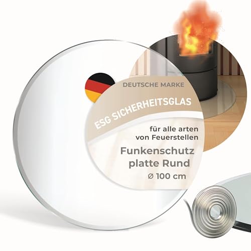 Funkenschutzplatte Glas Rund Ø 100cm Durchmesser – Glasplatte für Kaminofen - Kaminglas Kreis mit Dichtlippe - 8mm ESG Kamin Glasplatte mit Facettenschliff – Kaminschutz Feuerplatte für Kaminofen
