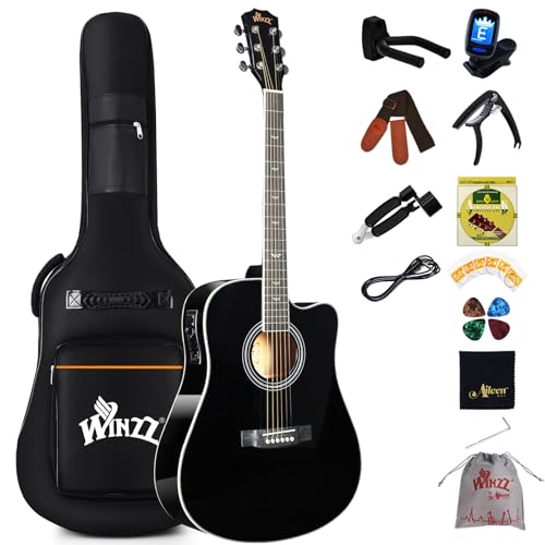 Winzz 4/4 Elektro-Akustische Gitarre, Westerngitarre Set Erwachsene Anfänger, Akustikgitarre 41 Zoll mit 4-Band-Equalizer (Dreadnought,Glänzend, Schwarz)