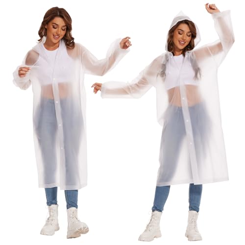 2 Stück Regenponcho Damen Herren，Wasserdicht Transparent Regenjacke Regencape mit Tunnelzug Kapuze Eva Travel Faltbar Regen Poncho Regenmantel für Wandern Radfahren Camping Festival und Reisen