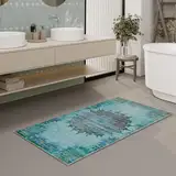 Waschbarer und Rutschfester Vintage Badezimmerteppich von WECONhome mit orientalischem Muster - Eleganz und Komfort für jedes Bad - Healing (70 x 120 cm, blau)