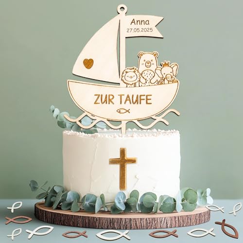 Cake Topper Taufe, Holz Tortendeko mit 36 Pcs Holz Fische Streudeko, Taufe Deko für Jungen Mädchen