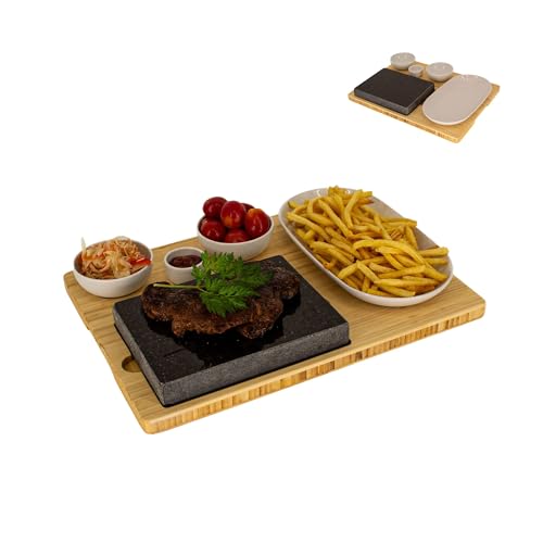 Lavastein Steakbrett, Servierplatte, Bambusbrett mit Hot Stone Grill, Steak Grillplatte, Steinplatte, Tischgrill Grill Set