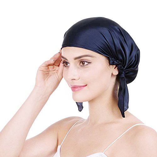 Emmet 100% Seide Schlafmütze Haarschönheit Nachtmütze Damen für Haarverlust Atmungsaktive Kappe,Navy blau,Einheitsgröße