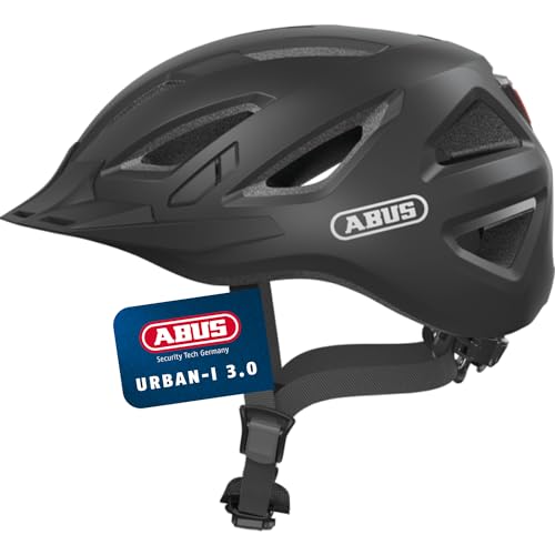 ABUS Stadthelm Urban-I 3.0 - Fahrradhelm mit Rücklicht, Schirm und Magnetverschluss - für Damen und Herren - Schwarz Matt, Größe L