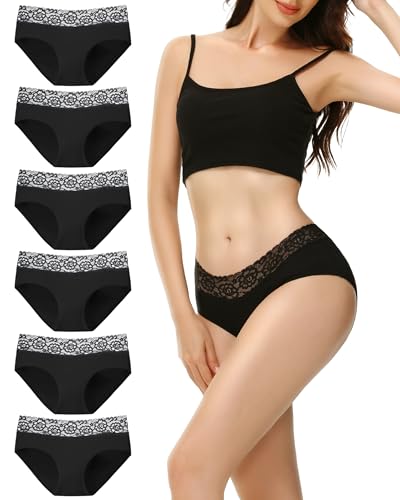 EKSHER Damen Unterwäsche 6er Pack Unterhosen Damen Slips Mehrpack Sportunterhosen Baumwolle Unterwäsche Mittel Taille Sexy Spitze Panties Hipster Schwarz, M