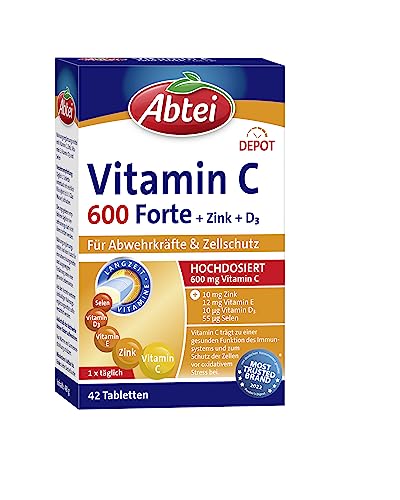 Abtei Vitamin C 600 Forte mit Zink und Vitamin D3 - für Abwehrkräfte und Zellschutz - hochdosiert, glutenfrei, laktosefrei - 42 Tabletten