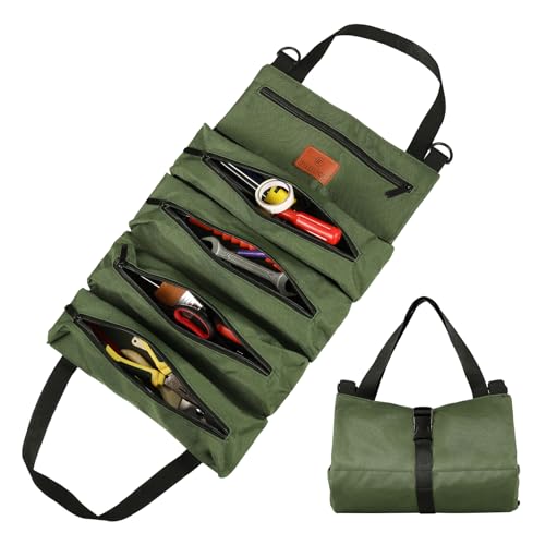 Chutoral Werkzeug Rolltasche, Werkzeugrolle Schraubenschlüssel Rolltasche mit 5 Reißverschlusstaschen, Canvas Wrench Roll Up Bag für Auto Motorrad Elektriker, Grün