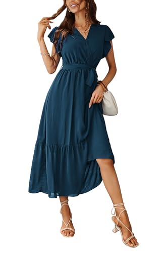 Awemeal Kleid Damen Sommer Elegant V-Ausschnitt Kurzarm Lang Sommerkleid Boho Blumenkleid mit Gürtel Rüschen Saum Wickelkleid Strandkleid A Linie Fließend Maxikleid (XL, See Blau)