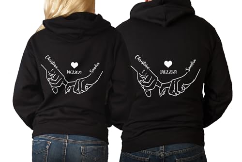 Tachinedas Kreativshop Personalisierte Pärchen Hoodies Hände Händchen halten Partner Sweatshirts mit Datum und Name