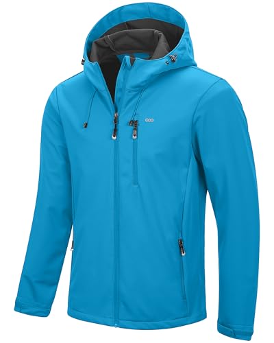 33,000ft Herren Softshelljacke Wasserbeständige Winddichte Funktionsjacke Atmungsaktive Übergangsjacke Leichte Fahhradjacke mit Kapuze Ohne Fleecefutter Himmelblau L