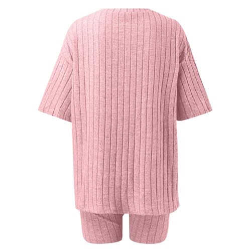 2024 frauen Urlaub Mode Casual Einfarbig Sommer Shorts Tops Zwei Stück Sets T Shirt Damen Damen Hausanzug Damen Sommer Hausanzug Damen Elegant Damen Jogginganzug Damen Sportanzug Damen (Pink, L)