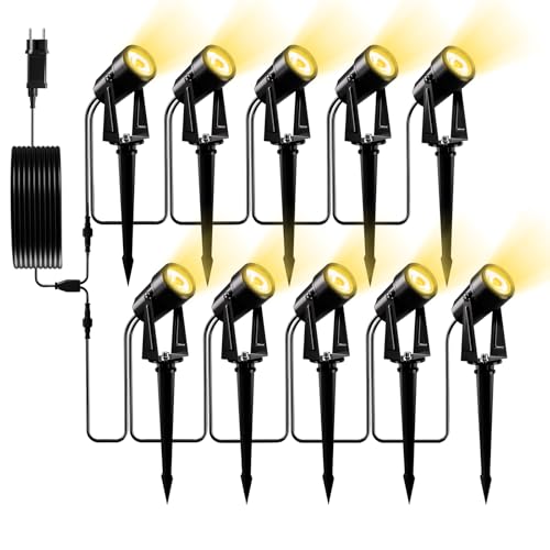 Yuusei Gartenbeleuchtung mit Strom, 10 in 1 Pack 31M Gartenlampen für Draußen, 3000K Warmweiß 27V LED Gartenleuchten mit Strom, IP65 Wasserdicht Gartenstrahler für Outdoor, Garten, Pflanzen, Hof