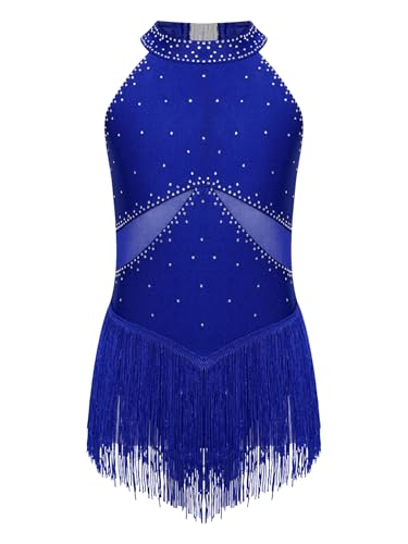 Jowowha Mädchen Eiskunstlauf Kleid Glitzer Rollschuhkleid Ärmellos Ballettkleid Ballerina Chacha Salsa Latein Tanzkleid Eislaufen Tanzkleidung Blau 110-116