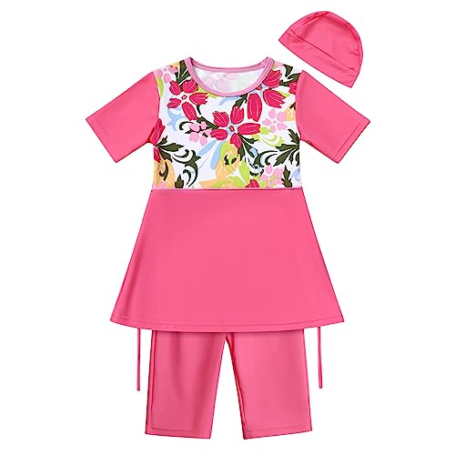 IMEKIS Kind Mädchen Muslimische Bademode Blume Schmetterlingsdruck Bescheidene Badeanzüge islamische Burkini Outfit Kurzarm Kapuze Badetop mit Kurz Hose 2pcs Tankinis Badeanzug Rose 1 11-12 Jahre