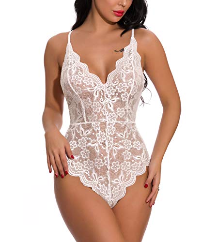 Buitifo Damen Spitze Bodysuit EIN Stück Babydoll Rückenlos Mini Teddy V-Ausschnitt Dessous(Weiß T1,XL)