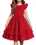 Arshiner Mädchen Kleider Schmetterlingsärmel Kinder Sommer Festliche Kinderkleid Rundhals A Linie Baumwolle Freizeitkleid Swingkleid Lässig Kleider für Mädchen 9-10 Jahre Rot