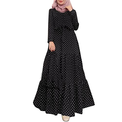 QWUVEDS Damenkleid, bedrucktes Gewand, langes Kleid, muslimische Kleidung Kleid Eng Kurz (Black, S)