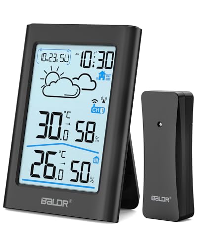 BALDR Wetterstation Funk mit Außensensor, Digital DCF-Funkuhr Thermometer Innen/Außen Temperaturanzeige Funk,Raumthermometer,Hygrometer, Wettervorhersage, Uhrzeitanzeige, Wecker,3.7 Zoll Display