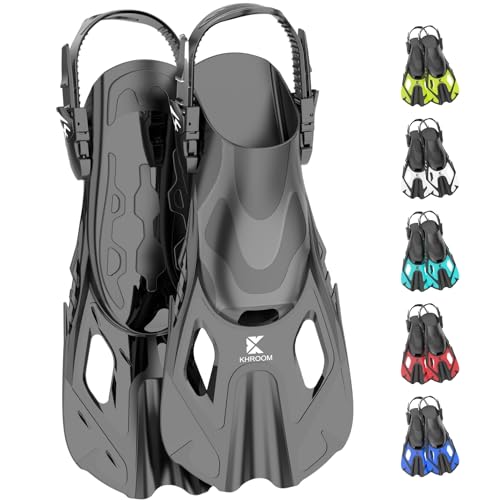 Khroom kurze Flossen Erwachsene / Kinder Gr.32-47 | verstellbare Schnorchelflossen kurz | Schwimmflossen Kurzflossen zum Schnorcheln | Taucherflossen einstellbar zum Schwimmen / Tauchen (Schwarz 42-47