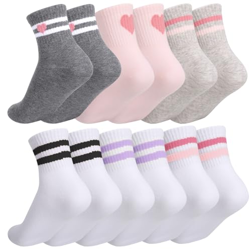 Zuimei 6 Paar Kindersocken Junior Baumwolle Schule Sport Socken Crew Athletic Socken mit Retro Streifen Herzen Casual Stretchy Socken für Mädchen und Jungen 6-12 Jahre, weiß, 6-12 Years