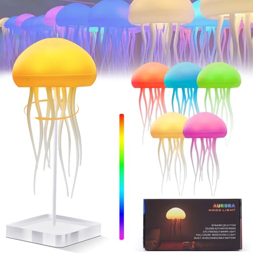 Quallen Lampe, LED Jellyfish Lamp Quallenlampe Intelligente Tentakel Qualle Lampe, Sprachgesteuerte RGB Jellyfish Licht Voller Farbverlauf Quallen Für Dekorative Atmosphärenbeleuchtung (B Mit Sockel)