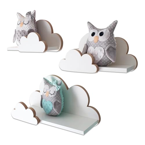 MOLILAND Wolkenregal Babyzimmer | Set mit 3 Stück | Wandregal für Kinderzimmer in Weiß | Regal Wolke aus Holz im skandinavischen Stil | Schweberegal Wanddeko mit Befestigungssatz